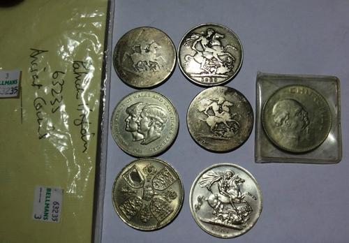 Three crowns; 1889, George III example and another, a Churchill crown; a George II 1951 crown, an Elizabeth II crown, Coronation 1953, a 1981 crown, t