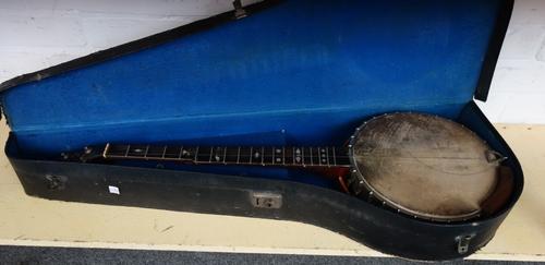 A stained wood and Tunbridge ware inlaid banjo, four strings with mother of pearl inlaid fret markers, cased, 91cm.