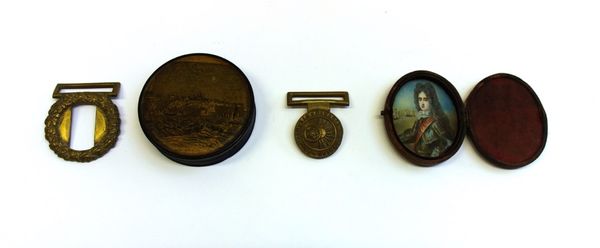A 19th century papier mache circular snuff box, decorated and titled 'Quebec Taken from the Sea' (8cm diameter), a cased miniature on ivory, a brass b