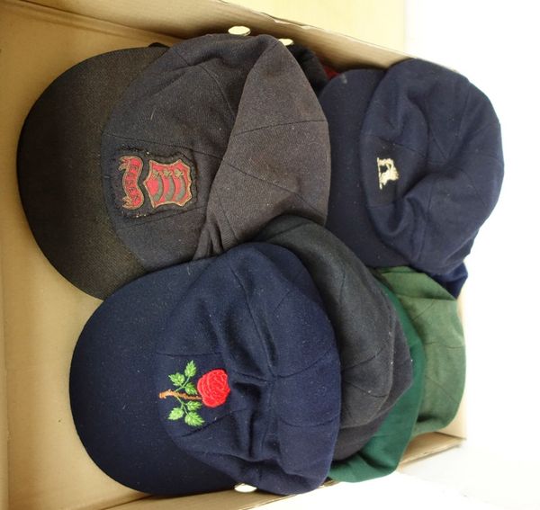 A collection of eleven County Cricket caps, including three named to players; Roger Prideaux (Northamptonshire), Jack Birkenshaw (Lancashire) and Tom
