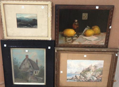 A group of four pictures, including an oil still life of lemons by Hugh Mickham, an oil cottage scene signed Constance Cameron, a watercolour of a cas