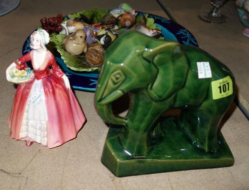 A quantity of ceramics including a Minton blue glaze Aesthetic type plate, a Royal Doulton figure of 'Janet' and a group of Goebel birds and sundry (q