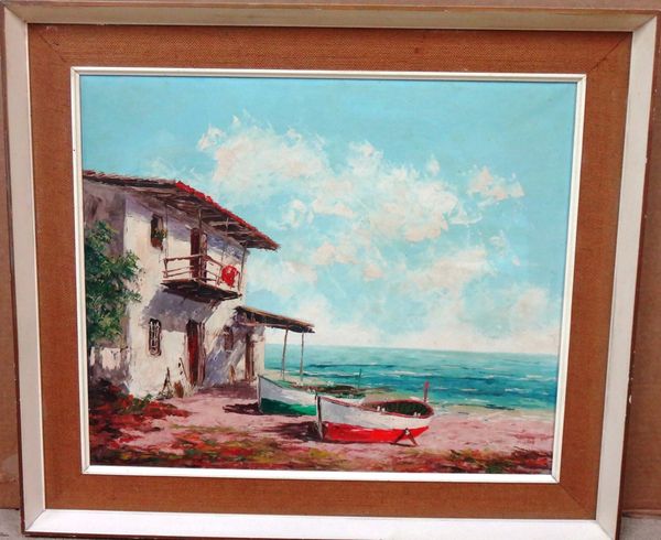 Hayes (20th century), Mediterranean coastal scene, oil on canvas, signed.