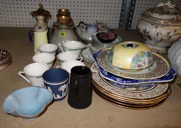 A quantity of ceramics including 'Bell China' tea set, Jasper Ware pot, a pair of Victorian vases painted with figures and sundry. (qty)