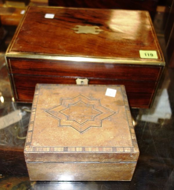 A 19th century rosewood and brass banded jewellery box and a Tunbridge Ware inlaid box.