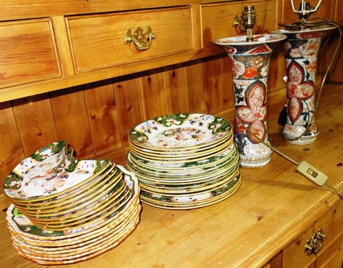 A pair of Japanese Imari porcelain beaker vases, circa 1700,  fitted for electricity a.f. and a quantity  of Masons ironstone dinnerware. (qty)