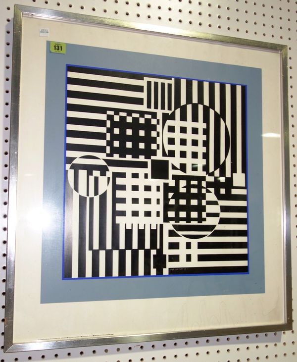 A Victor Vasarely abstract black and white print, 50cm x 53cm.