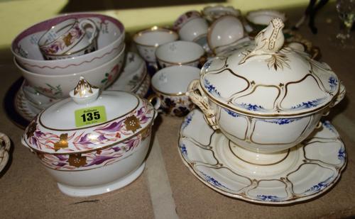 A group of English porcelain, late 18th/early 19th century, including; a Miles Mason oval sucrier and cover painted with flowers; three New Hall patte