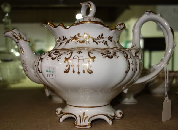A group of Ridgway white and gilt foliate decorated tea and coffee wares, 19th century, comprising; teapot and cover, sucrier and cover; milk jug; thi