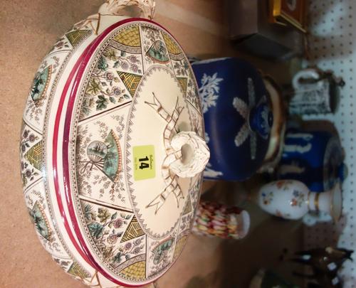 Two blue Jasperware cheese domes and stands, a Derby shell shaped dish, a glass jug and vase, a German pewter lidded tankard and a two handled tureen