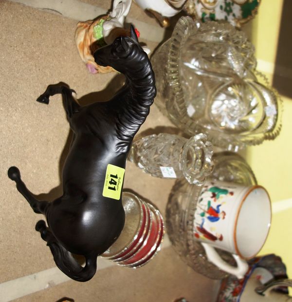 A small group of ceramics and glass, including a Beswick black glaze horse, a Stafforshire frog mug, cut glass bowls and sundry. (qty)