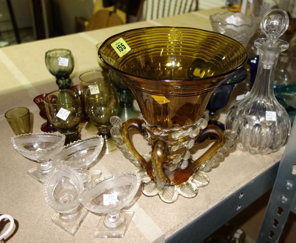 A group of 19th century and later glass, including green drinking glasses, cut glass bowls, a decanter, jugs and sundry. (qty)