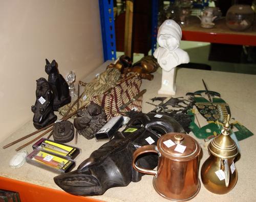 A quantity of collectables, including Eastern shadow puppets, a marble bust of a girl, a tribal mask, reproduction Egyptian figures and sundry. (qty)