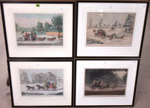 After James Pollard, The Mail Coach in a flood; The Mail Coach in a thunder storm on Newmarket Heath; The Mail Coach in a drift of snow; The Mail Coac