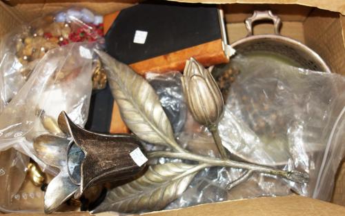 A quantity of costume jewellery and collectables including a silver plated centrepiece, assorted bead necklaces, book and sundry.
