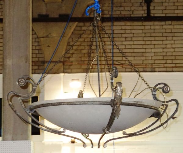 A large hanging ceiling light with conical bowl and metal frame with leaf moulded decoration, 118cm wide.