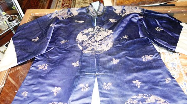 A Chinese blue ground gown and a Chinese embroidered panel.