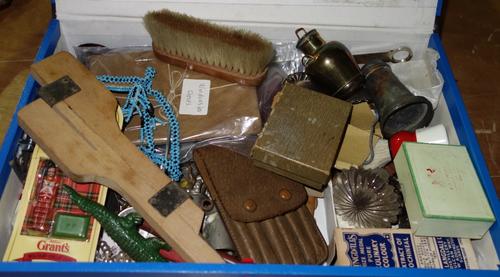 A collection of miscellaneous items, to include; a meat skewer, a plated 'Croydon' oval box, a pair of costume 'bow' earrings, a lead toy crocodile, a