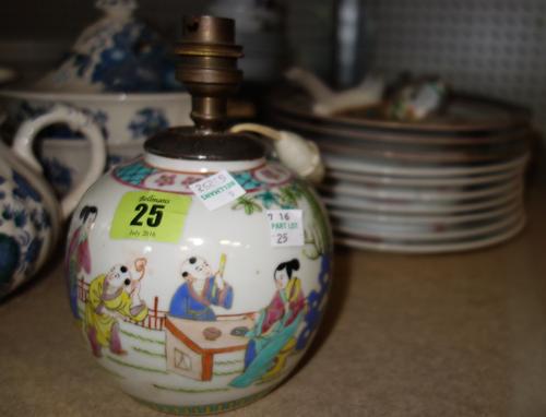 A Chinese famille rose lamp base, six Canton porcelain spoons and ten Chinese porcelain plates.