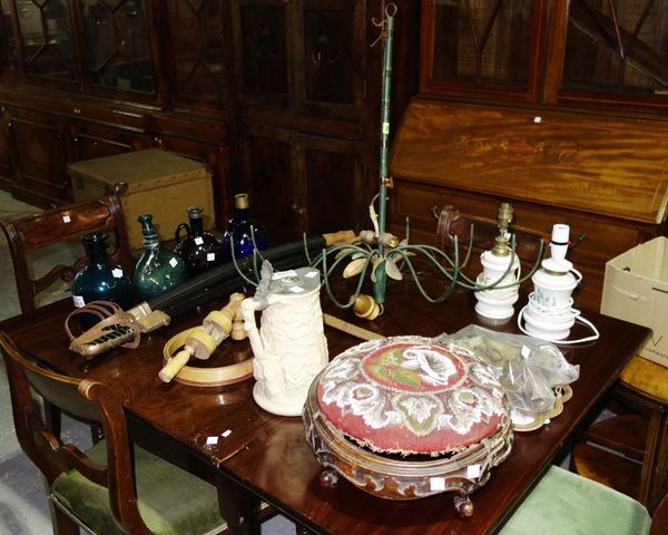 A quantity of items including; French painted metal chandelier, coloured glass bottles, pair table lamps, pair of 19th century style swords, carpet be