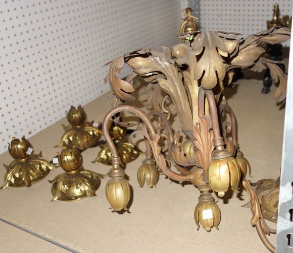 A gilt metal six branch chandelier and four wall lights. (5)
