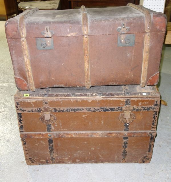 An early 20th century wooden bound trunk, and another. (2)