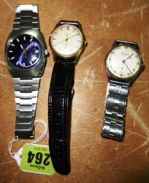 A 1950's Liga gentleman's gold plated mechanical wristwatch, with centre seconds and black leather strap, a Josmar 1950's wristwatch and a 1970's Seko