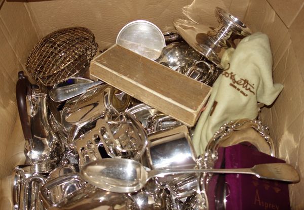 A quantity of silver plate including toast racks, tea pots, hot water jugs, plates, trays, spoons and sundry. (qty)