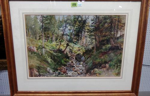 Attributed to Alfred Waterhouse (1830-1905), Brook in the woods, Gillard sur Ollen, watercolour, signed with monogram, inscribed and dated 1883, 35cm
