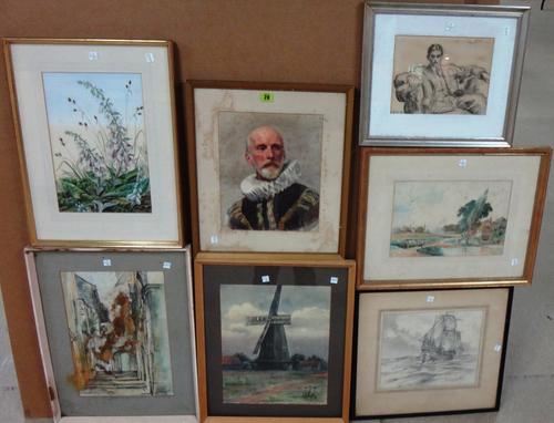 A group of assorted watercolours and drawings, including a study of a man in Tudor costume and a charcoal study of a seated man.(qty)