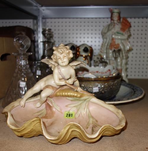 A group of ceramics including Staffordshire figures, Royal Dux centrepiece and sundry ceramics and glass. (qty)