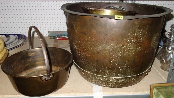 A large copper copper and a brass jam pan and sundry metalware.
