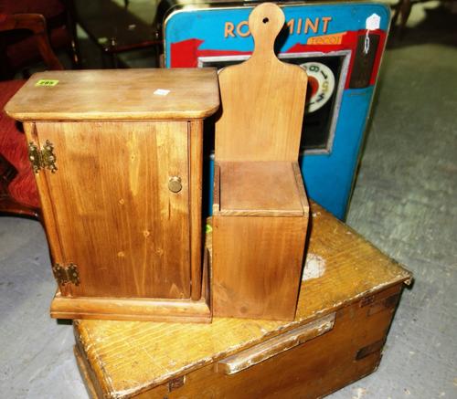 A pine candle box and a small pine cupboard. (2)