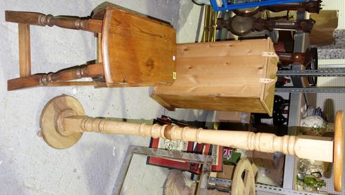 A pine jardinière stand and a small pine drop flap table.
