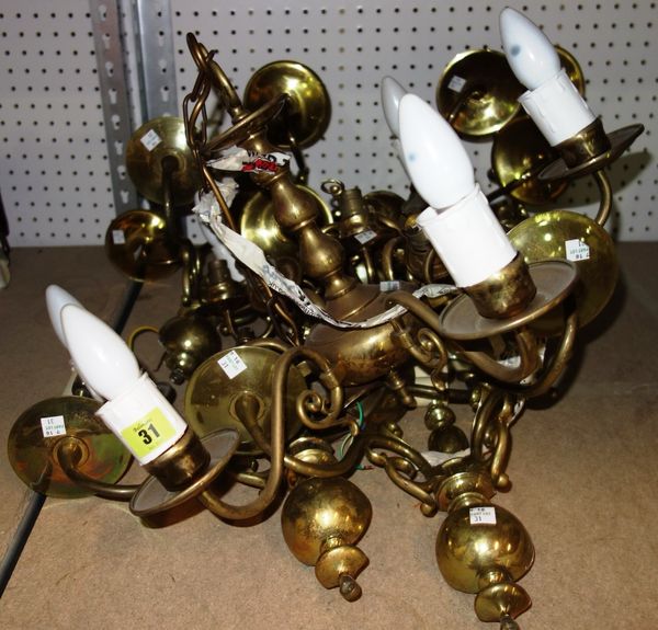 A quantity of 20th century Dutch style brass wall lights and a small chandelier. (qty)