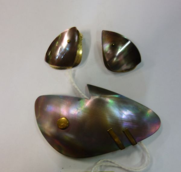 A German abalone shell and a gilt metal brooch and earrings of abstract design detailed 'Ges gecht', circa 1970, (3).