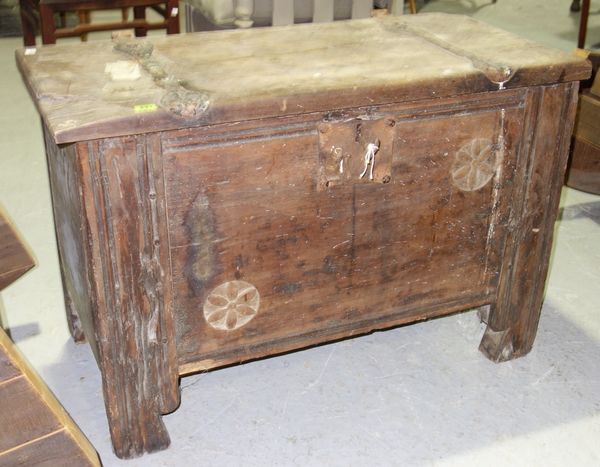 An 18th century and later lift top storage box, 95cm wide.