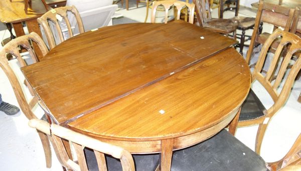 An 18th century mahogany dining table, comprising a pair of 'D' end consoles and centre drop flap, all on square supports, 121cm wide x 276cm fully ex