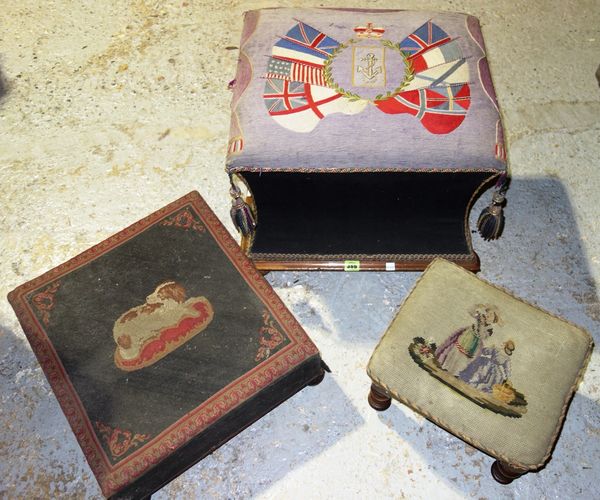 A Victorian small ottoman with upholstered top decorated with flags of The Allies around central anchor 48cms wide; a Victorian footstool with dog dec