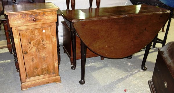 A George III and later small oval drop leaf table 117cms wide and a 19th century French burr wood bedside cabinet, 45cm wide(2)