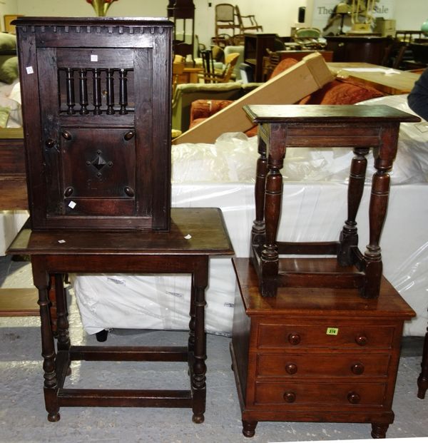A Victorian small oak commode with simulated three drawer front, a small oak side table, a 17th century style wall cupboard and a 17th century style o