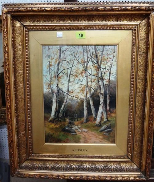 A. Hinley (c.1900), Sheep and Shepherd on a wooded track, oil on canvas.