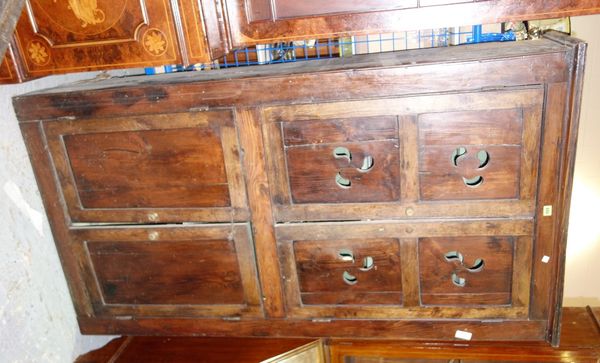 A 19th century and later stained pine and oak food cupboard, with pair teardrop pierced doors, above plain pair doors, 99cm wide.