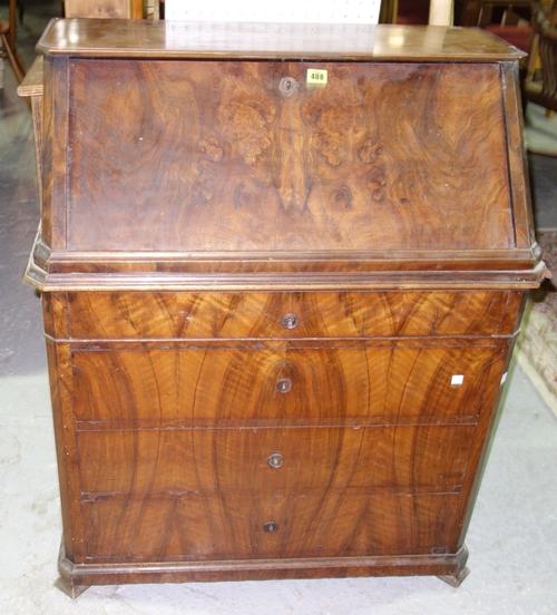 A 19th century walnut bureau in the late 17th century German style, fall front above four long drawers 83cm wide and a mahogany framed rectangular mir