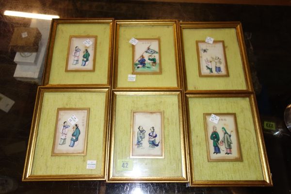 A group of six Oriental rice paper paintings. (6)