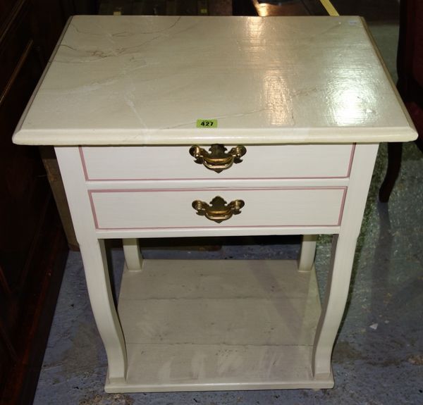 A 20th century cream two drawer side table with faux marble top, 60.5 cm.