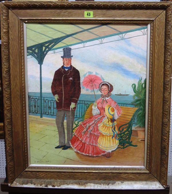 English School (20th century), Family group on a promenade, oil on canvas, bears a signature and date.