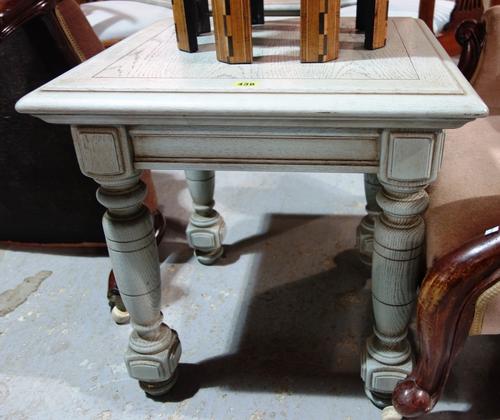A 20th century green painted square occasional table and a small jardinière stand, (2).