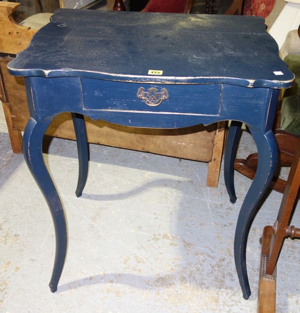 A 20th century blue painted single drawer side table, 66 cm wide.