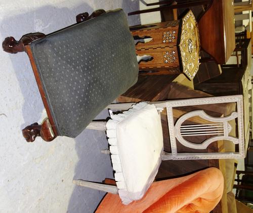 A pair of 19th century French grey painted chairs and a footstool, (3).